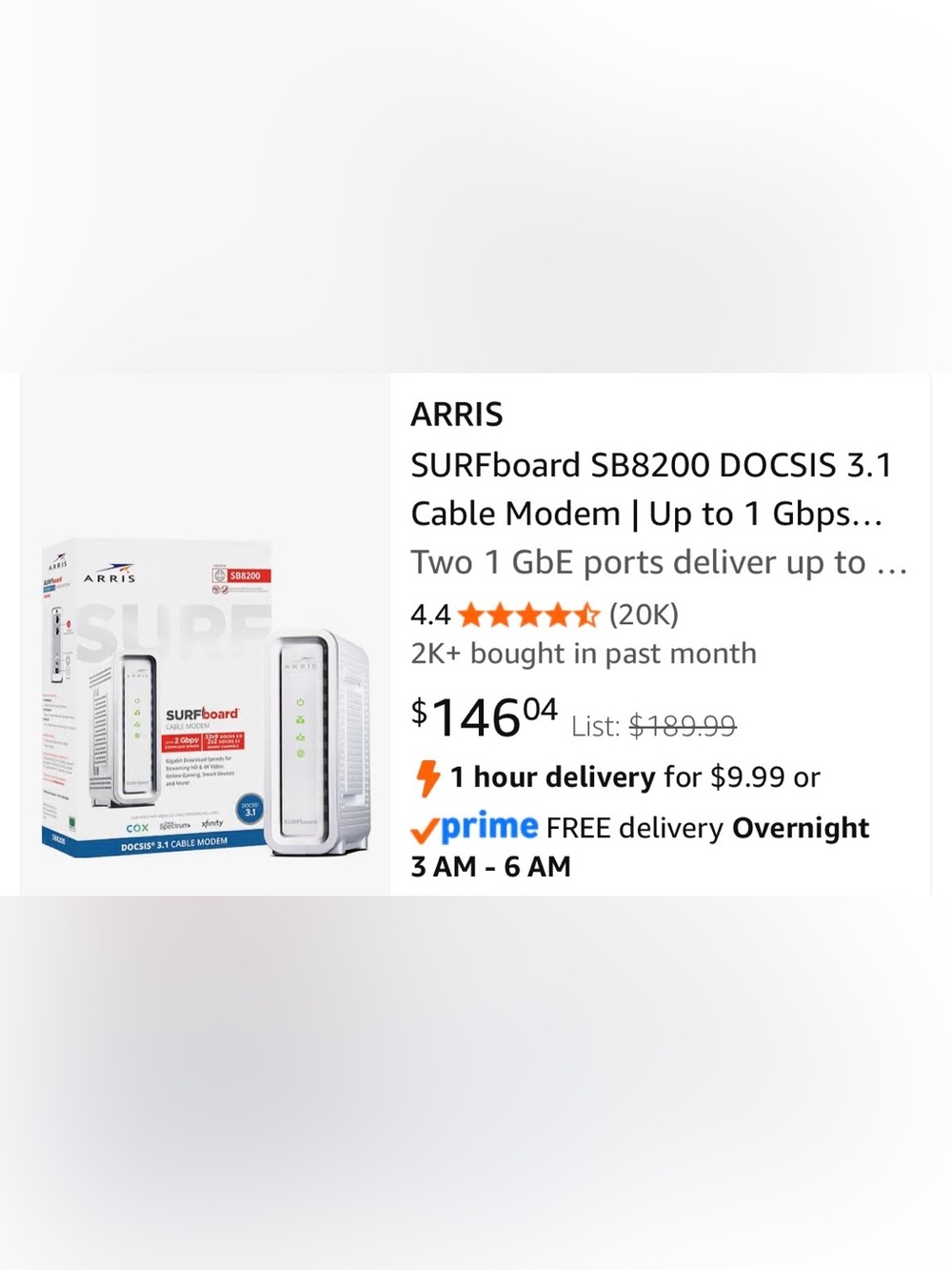 ARRIS SURFboard SB8200 White DOCSIS 3.1 Cable Modem - High-Speed Connectivity